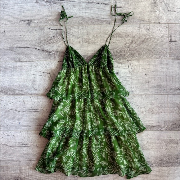 100% Silk Y2K Sarah Green Fern Patterned Mini Dress - Picture 1 of 5